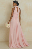 Halter Blush Pink A Line Cut Out Chiffon Long Bridesmaid Dress