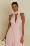 Halter Blush Pink A Line Cut Out Chiffon Long Bridesmaid Dress