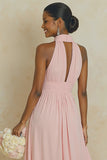 Halter Blush Pink A Line Cut Out Chiffon Long Bridesmaid Dress