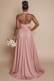 Dusty Rose Halter A Line Ruched Cut Out Long Bridesmaid Dress