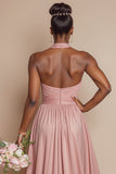 Dusty Rose Halter A Line Ruched Cut Out Long Bridesmaid Dress