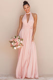 Blush Pink Halter Cut Out A Line Chiffon Long Bridesmaid Dress