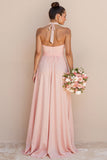 Blush Pink Halter Cut Out A Line Chiffon Long Bridesmaid Dress