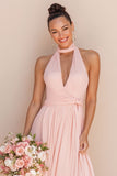 Blush Pink Halter Cut Out A Line Chiffon Long Bridesmaid Dress