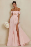 Blush Pink Corset A Line Off the Shoulder Long Bridesmaid Dress with Slit