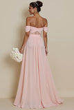 Blush Pink Corset A Line Off the Shoulder Long Bridesmaid Dress with Slit