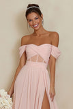 Blush Pink Corset A Line Off the Shoulder Long Bridesmaid Dress with Slit
