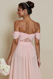 Blush Pink Corset A Line Off the Shoulder Long Bridesmaid Dress with Slit