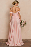 Cold Shoulder A Line Blush Pink Pleated Long Bridesmaid Dress