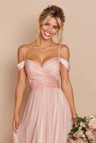 Cold Shoulder A Line Blush Pink Pleated Long Bridesmaid Dress
