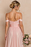 Cold Shoulder A Line Blush Pink Pleated Long Bridesmaid Dress