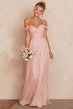 Off the Shoulder A Line Pleated Blush Pink Long Bridesmaid Dress