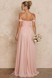 Off the Shoulder A Line Pleated Blush Pink Long Bridesmaid Dress