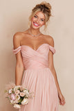 Off the Shoulder A Line Pleated Blush Pink Long Bridesmaid Dress