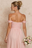 Off the Shoulder A Line Pleated Blush Pink Long Bridesmaid Dress
