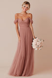 Off the Shoulder A Line Dusty Rose Pleated Long Bridesmaid Dress