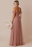 Off the Shoulder A Line Dusty Rose Pleated Long Bridesmaid Dress
