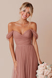 Off the Shoulder A Line Dusty Rose Pleated Long Bridesmaid Dress
