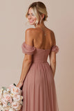 Off the Shoulder A Line Dusty Rose Pleated Long Bridesmaid Dress