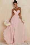 Blush Pink A Line Spaghetti Straps Cut Out Long Bridesmaid Dress