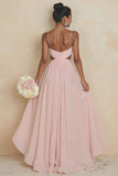 Blush Pink A Line Spaghetti Straps Cut Out Long Bridesmaid Dress