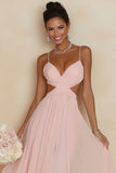 Blush Pink A Line Spaghetti Straps Cut Out Long Bridesmaid Dress