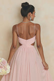 Blush Pink A Line Spaghetti Straps Cut Out Long Bridesmaid Dress
