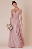 Dusty Rose V Neck A Line Ruched Chiffon Long Bridesmaid Dress