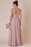 Dusty Rose V Neck A Line Ruched Chiffon Long Bridesmaid Dress