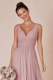 Dusty Rose V Neck A Line Ruched Chiffon Long Bridesmaid Dress