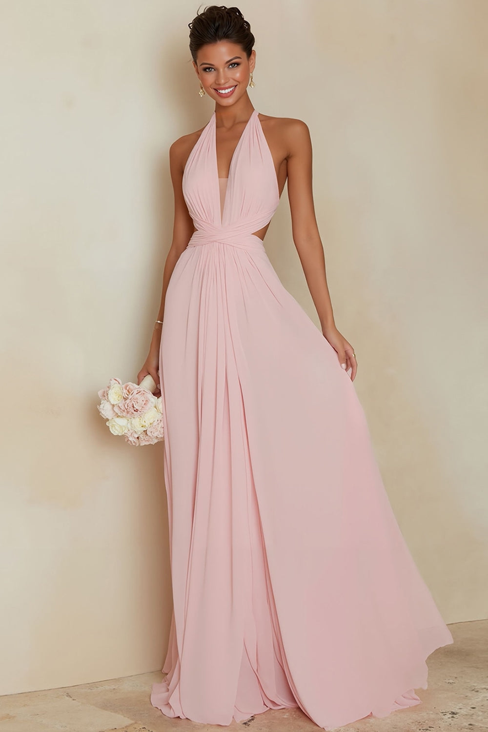 WEDTREND Women Blush Pink Halter Bridesmaid Dress A Line Chiffon Long Wedding Guest Dress with Open Back WEDTREND Women Blush Pink Halter Bridesmaid Dress A Line Chiffon Long Wedding Guest Dress with Open Back