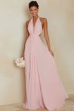 A Line Blush Pink Halter Long Bridesamid Dress with Open Back