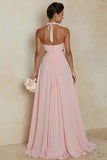 A Line Blush Pink Halter Long Bridesamid Dress with Open Back