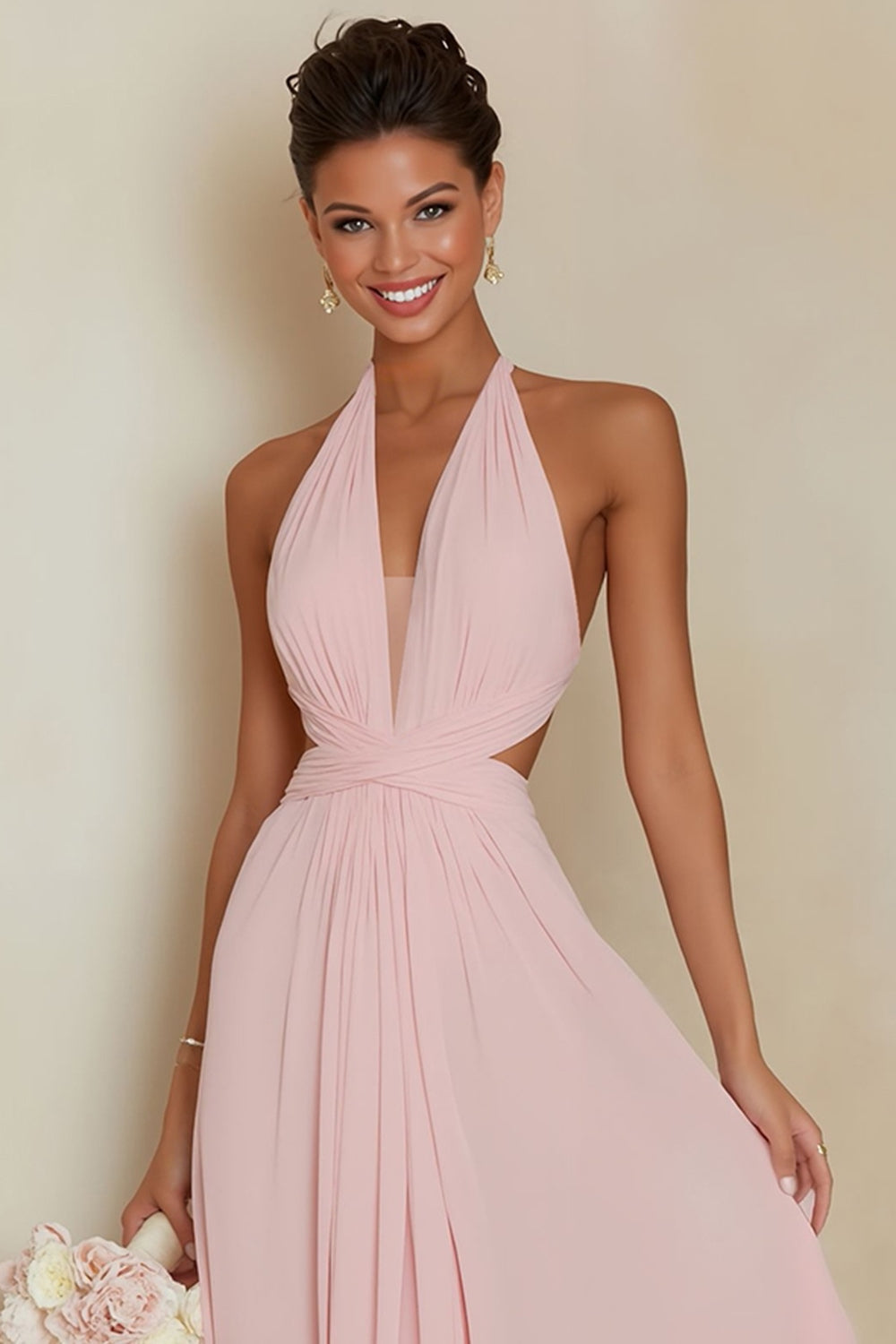 pink halter cocktail dress Rosina | PINK Halter-Neck Draped Maxi Dress With Sash