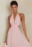 A Line Blush Pink Halter Long Bridesamid Dress with Open Back