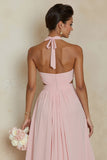 A Line Blush Pink Halter Long Bridesamid Dress with Open Back