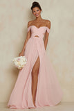 Blush Pink Off the Shoulder A Line Chiffon Cut Out Bridesmaid Dress with Slit