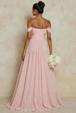 Blush Pink Off the Shoulder A Line Chiffon Cut Out Bridesmaid Dress with Slit