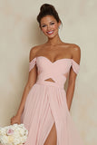 Blush Pink Off the Shoulder A Line Chiffon Cut Out Bridesmaid Dress with Slit