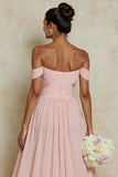 Blush Pink Off the Shoulder A Line Chiffon Cut Out Bridesmaid Dress with Slit