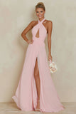 Halter Cut Out A Line Blush Pink Long Bridesmaid Dress with Slit