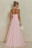 Halter Cut Out A Line Blush Pink Long Bridesmaid Dress with Slit