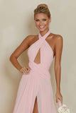 Halter Cut Out A Line Blush Pink Long Bridesmaid Dress with Slit