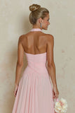 Halter Cut Out A Line Blush Pink Long Bridesmaid Dress with Slit