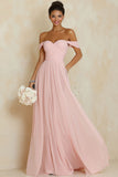 Off the Shoulder A Line Blush Pink Ruched Long Bridesmaid Dress