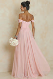 Off the Shoulder A Line Blush Pink Ruched Long Bridesmaid Dress