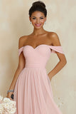 Off the Shoulder A Line Blush Pink Ruched Long Bridesmaid Dress