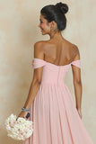 Off the Shoulder A Line Blush Pink Ruched Long Bridesmaid Dress