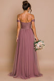 Cold Shoulder A Line Desert Rose Ruched Chiffon Bridesmaid Dress with Slit
