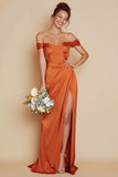 Orange Off the Shoulder Mermaid Satin Long Bridesmaid Dress with Slit